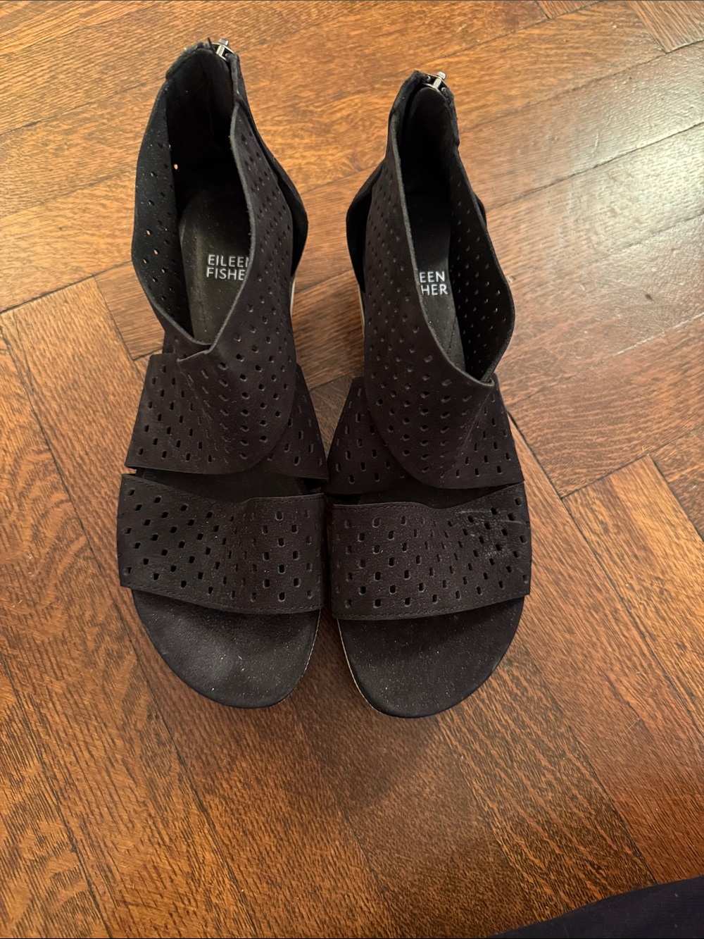 Eileen Fisher Black Perforated Suede Open-Toe Sandals